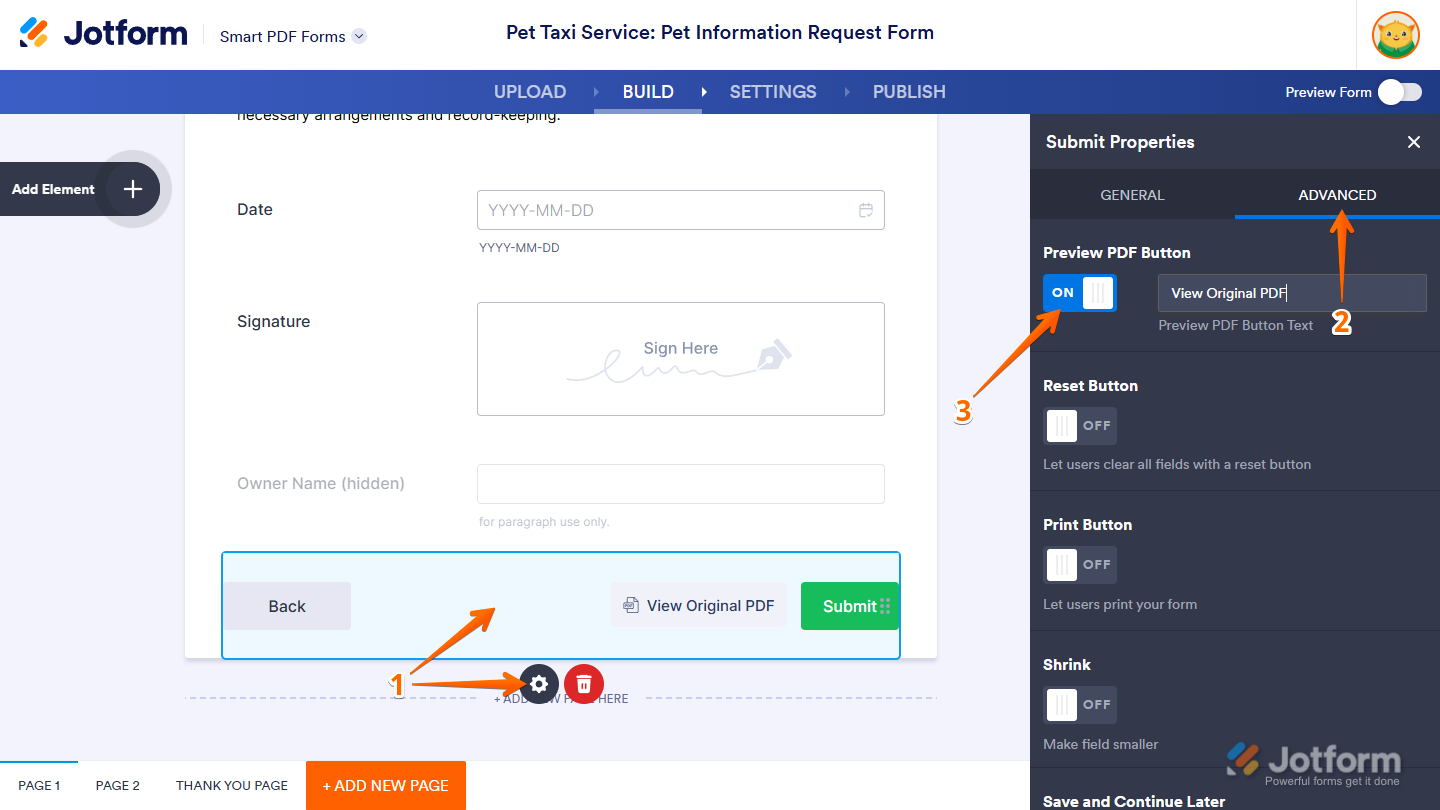 Preview PDF Button switch on the Submit Properties section in Jotform Smart PDF Forms