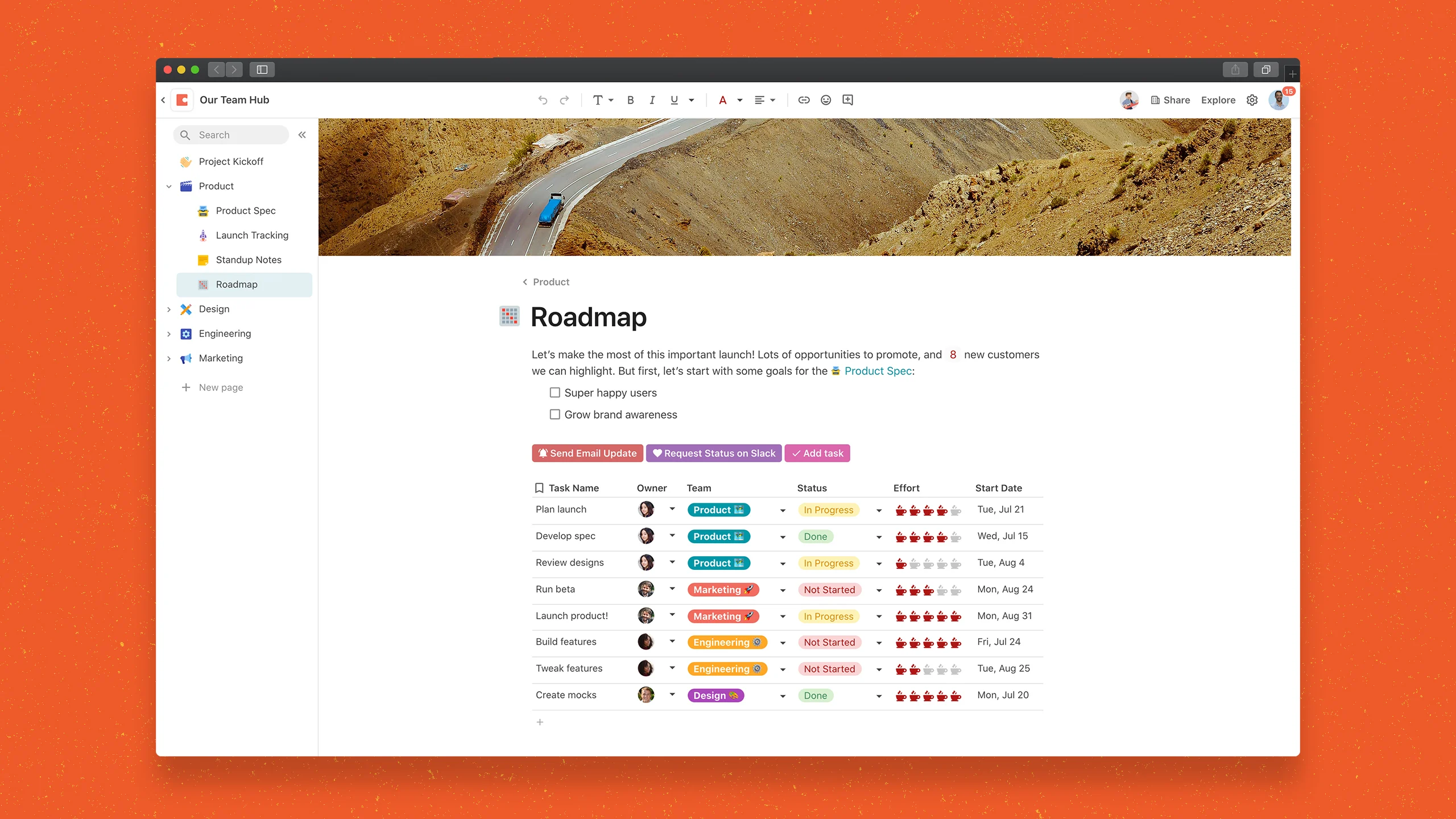 product interface of Coda showing details of hypothetical project