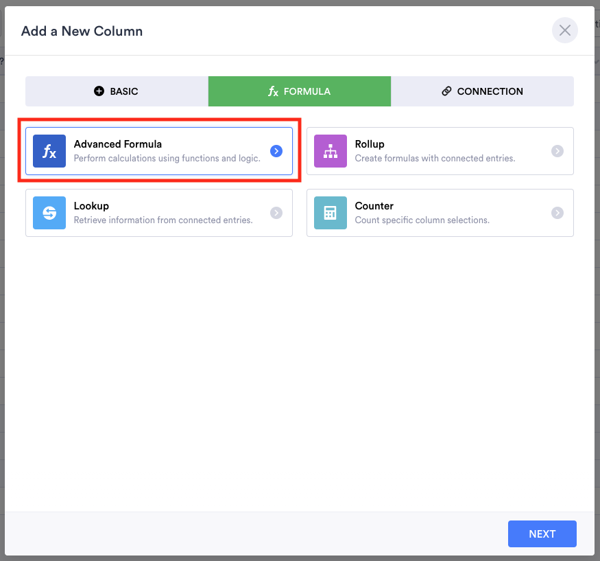 Add a New Column Window in Jotform Tables Selecting Advanced Formula
