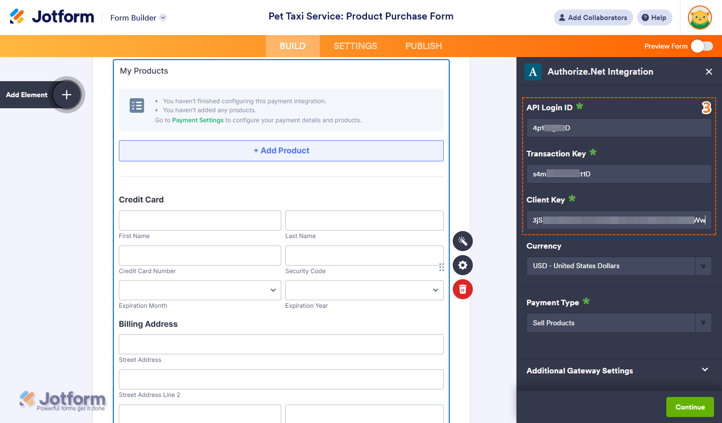 Gateway Credentials section of the Authorize