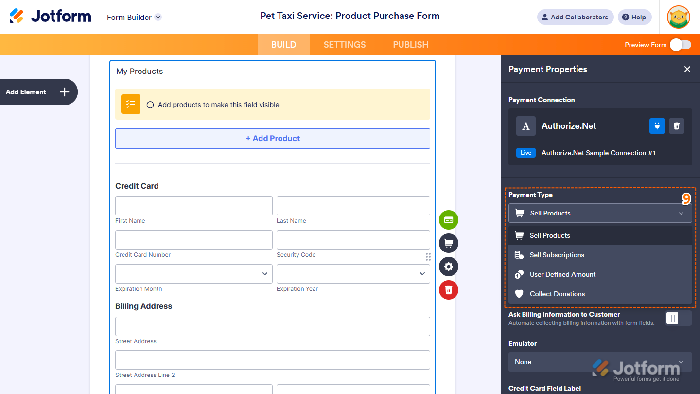 Payment Type Dropdown menu of the Payment Properties section in Jotform Form Builder