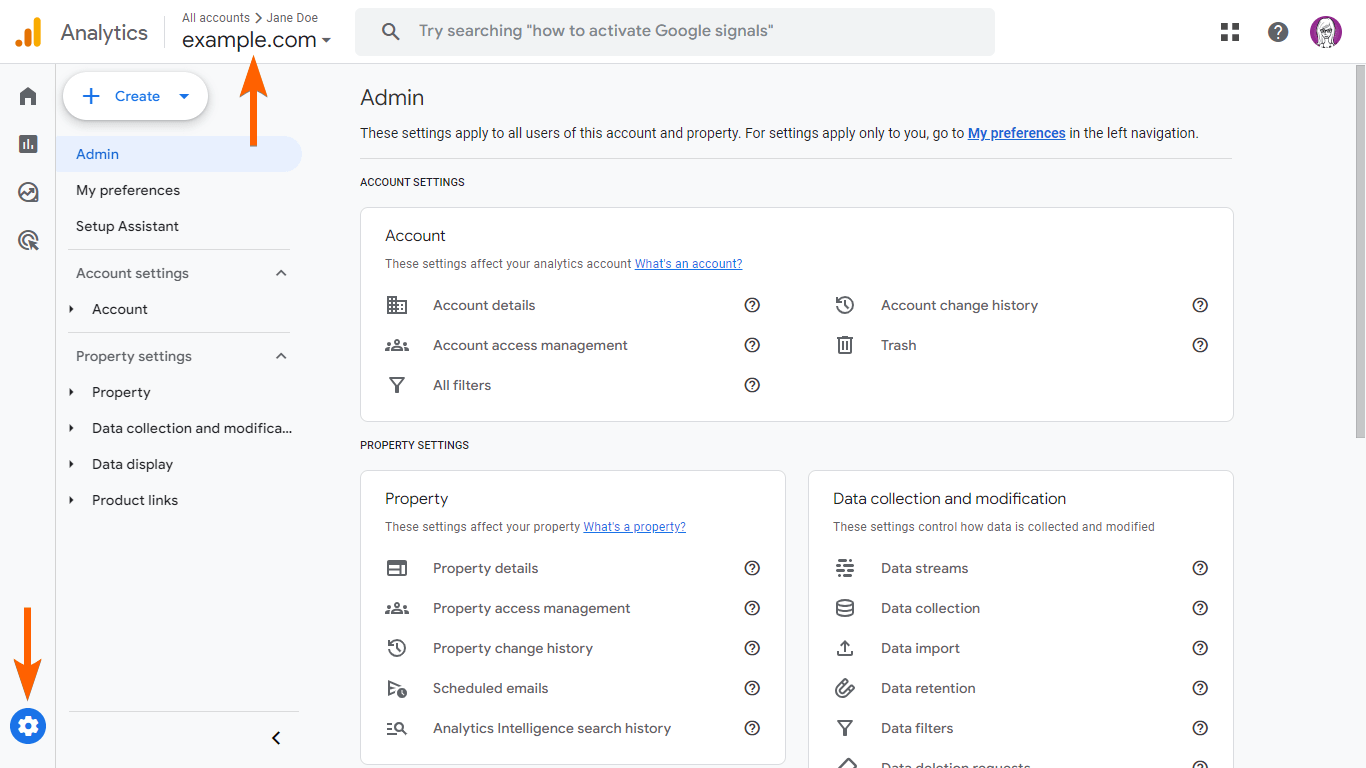 Steps to access the property admin page in Google Analytics