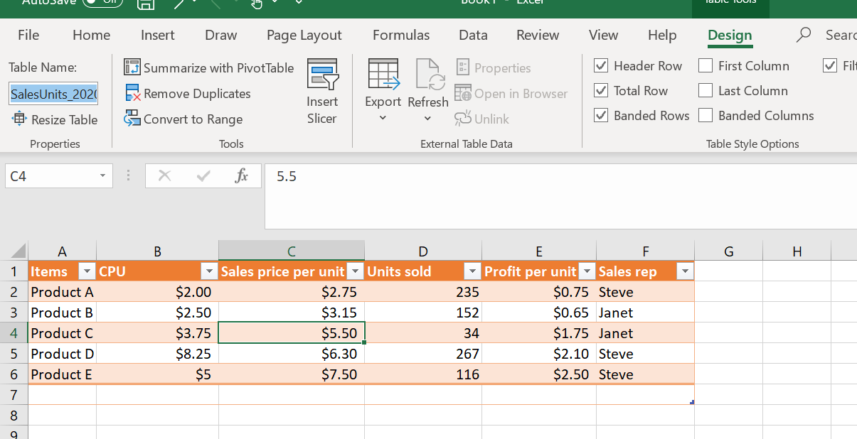 Sample Excel Table
