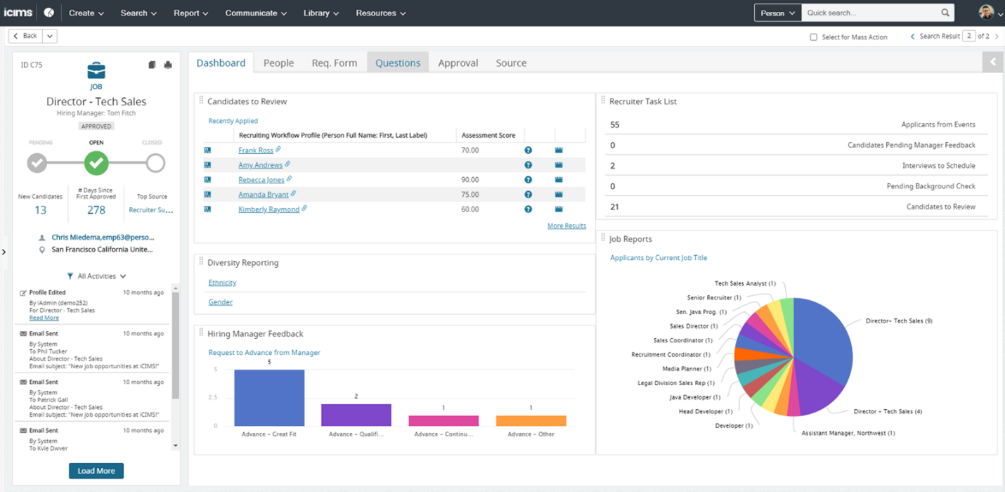screenshot of iCIMS product interfacr showing the graphs and reports