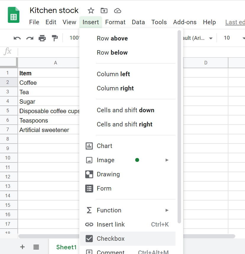 Clicking on the Insert Tab in Google Sheets