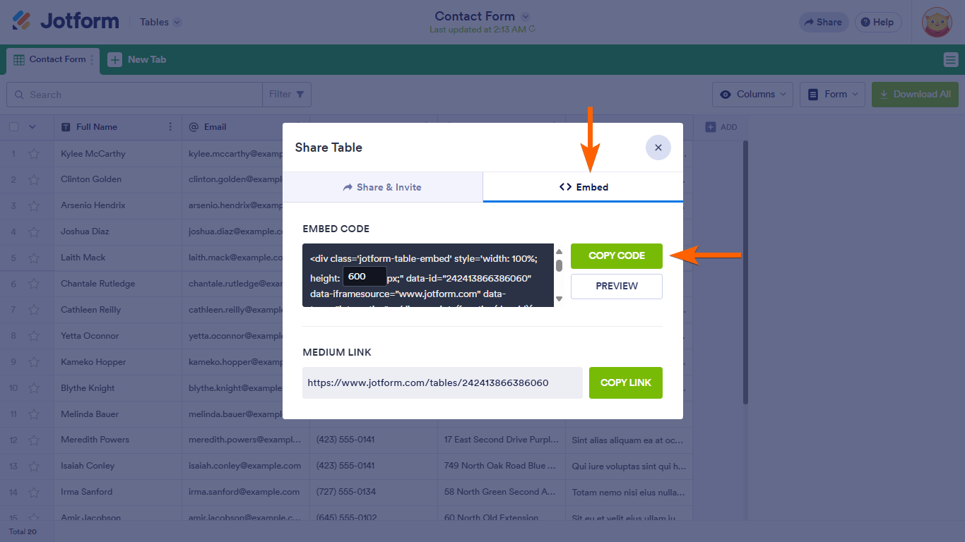 A Copy Code button in a Jotform Tables Share Table dialog