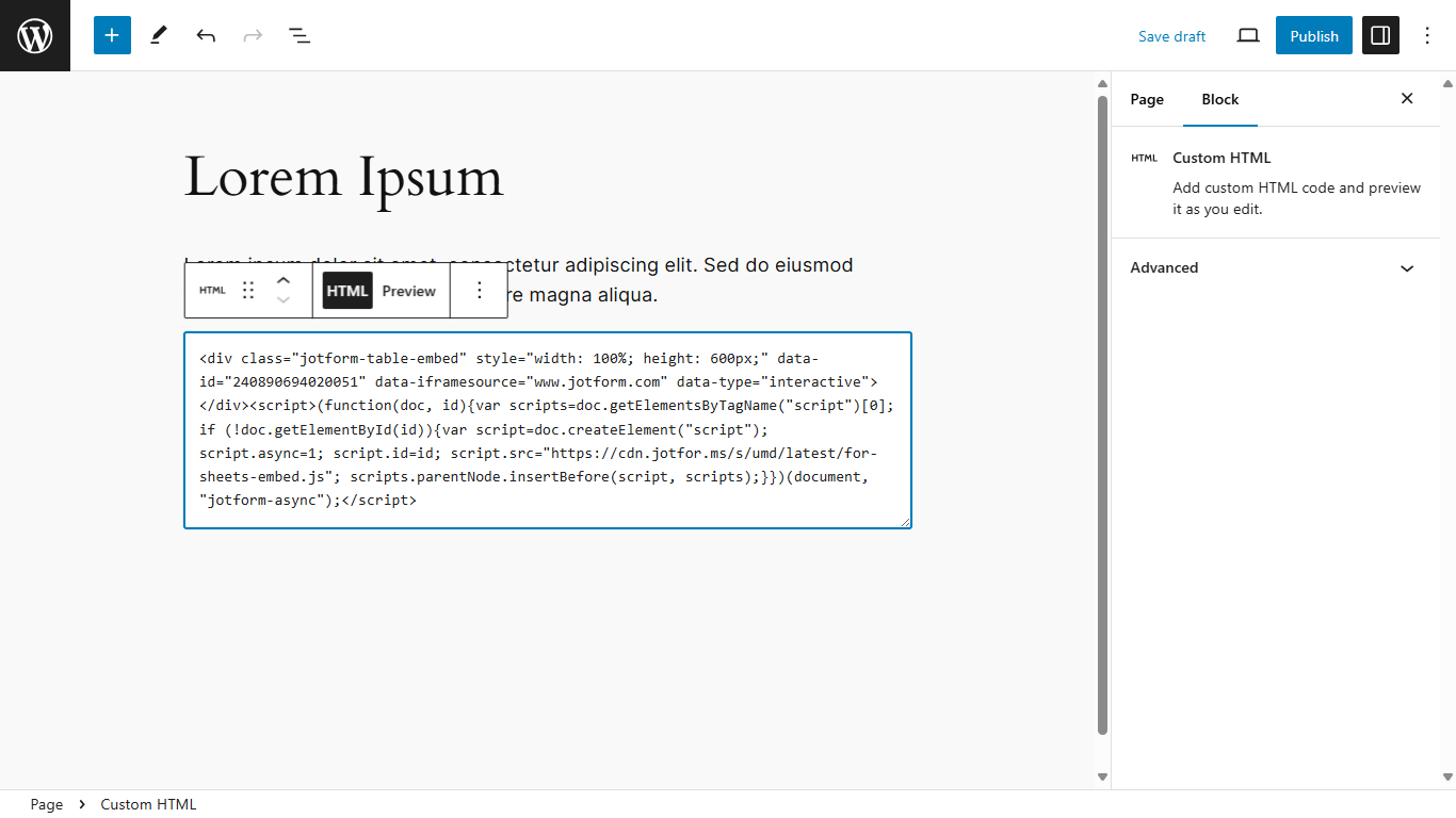 A Jotform Tables embed code in WordPress