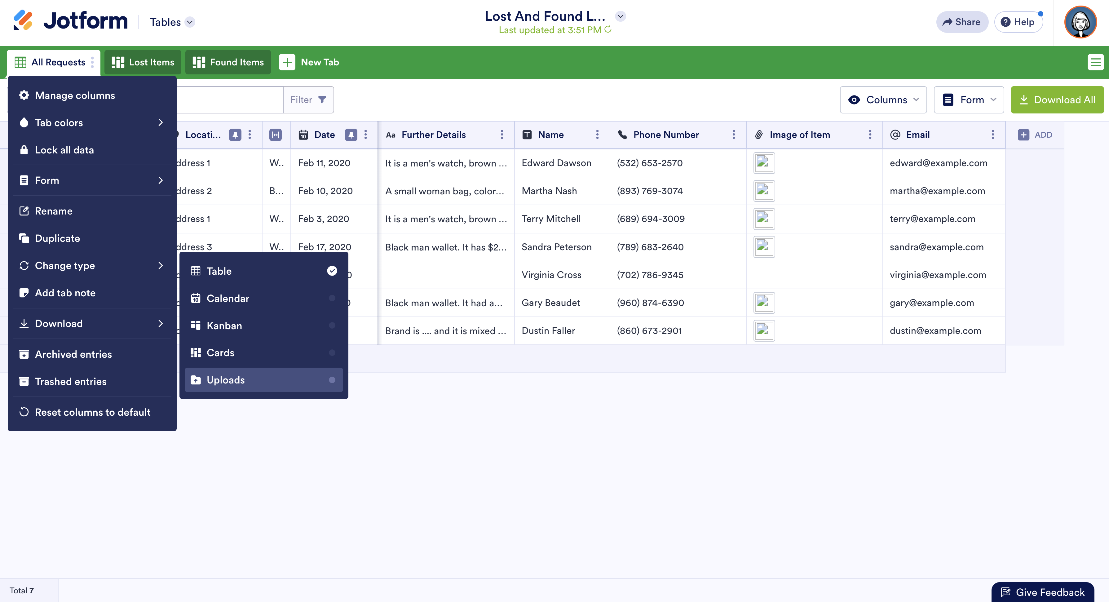 Changing the Display Type in Lost and Found Log on Jotform Tables