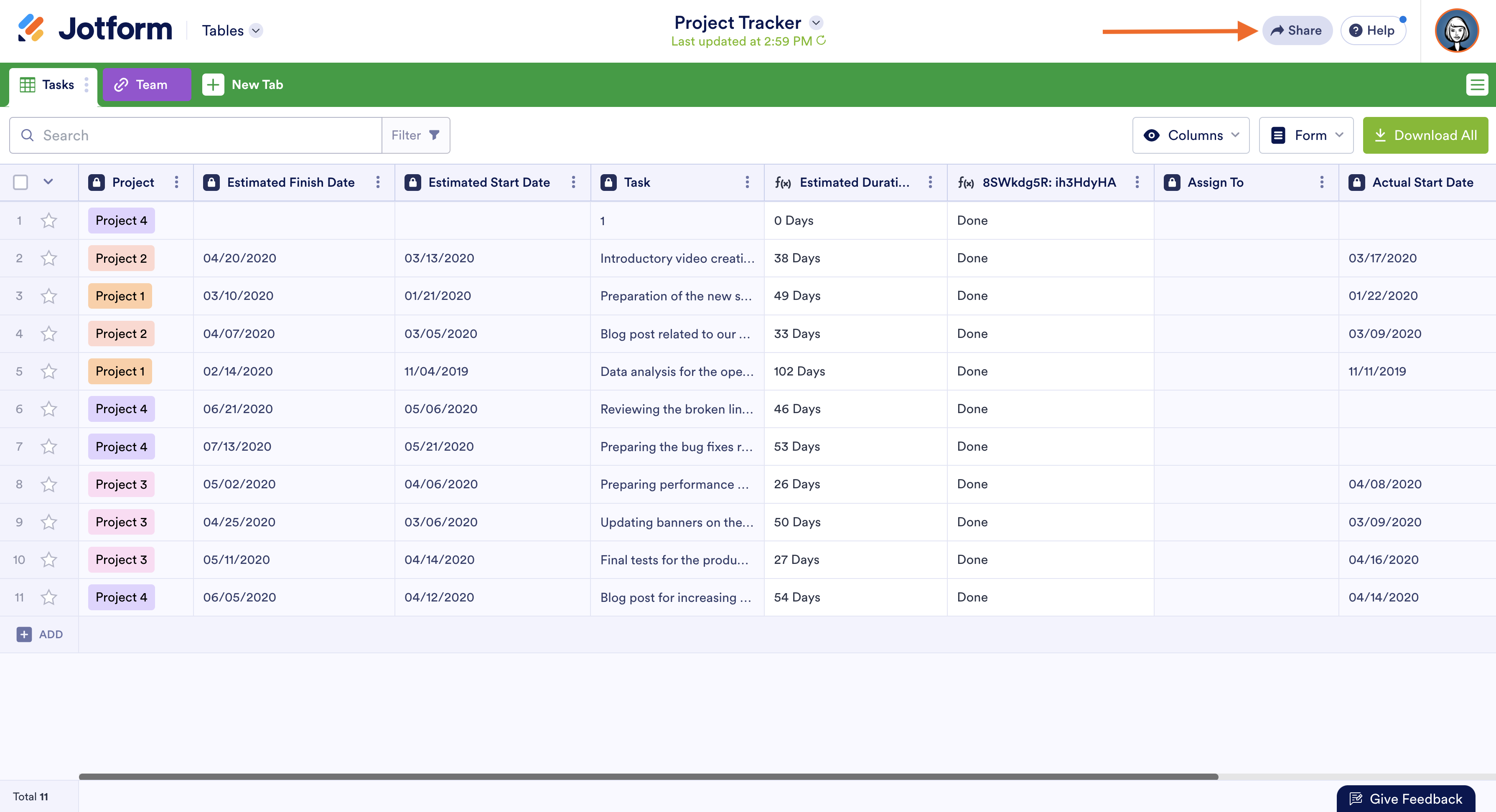 Clicking on the Share Button on Project Tracker Template on Jotform Tables