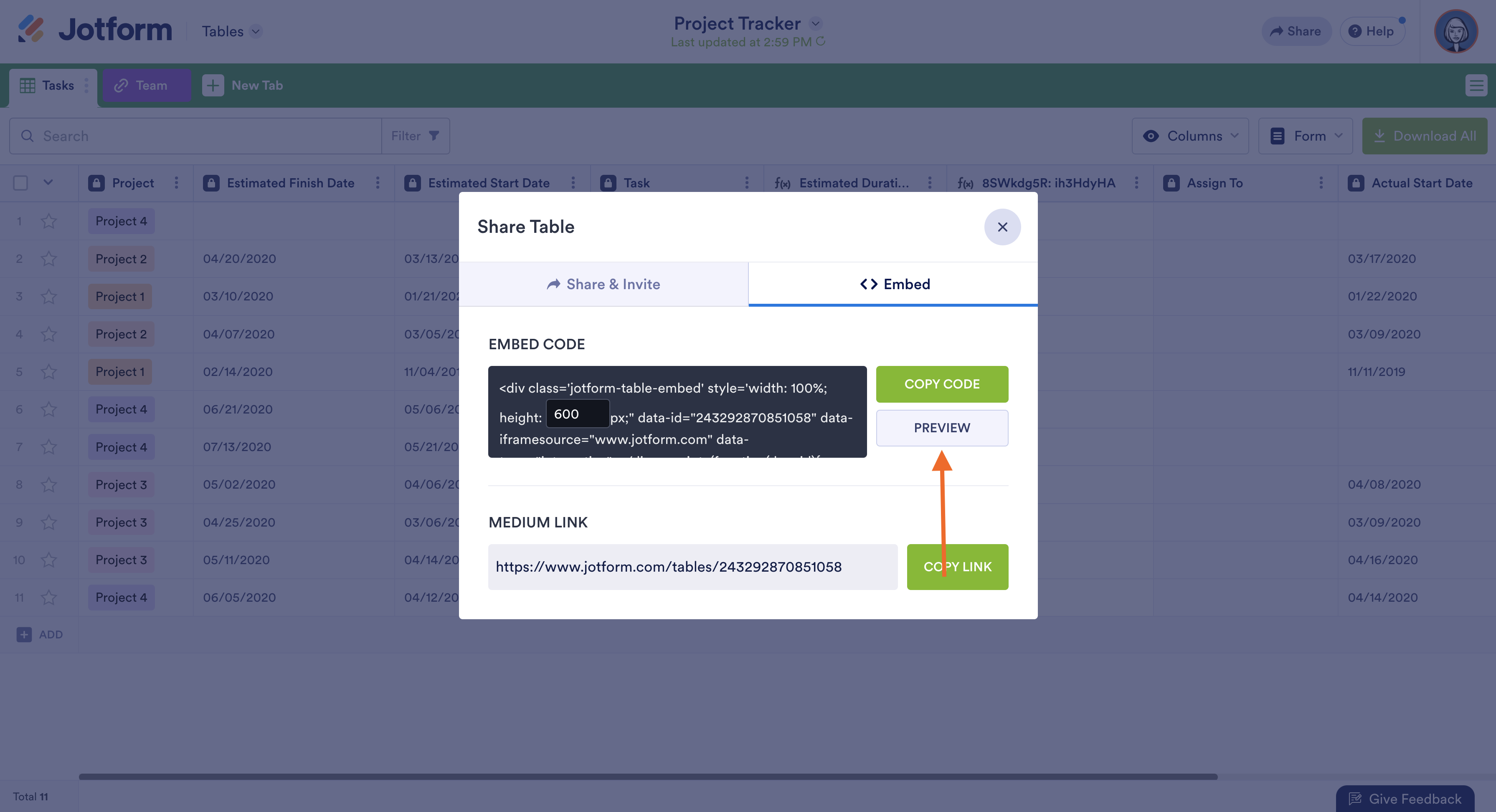 Clicking on the Preview Button on the Share Table Window
