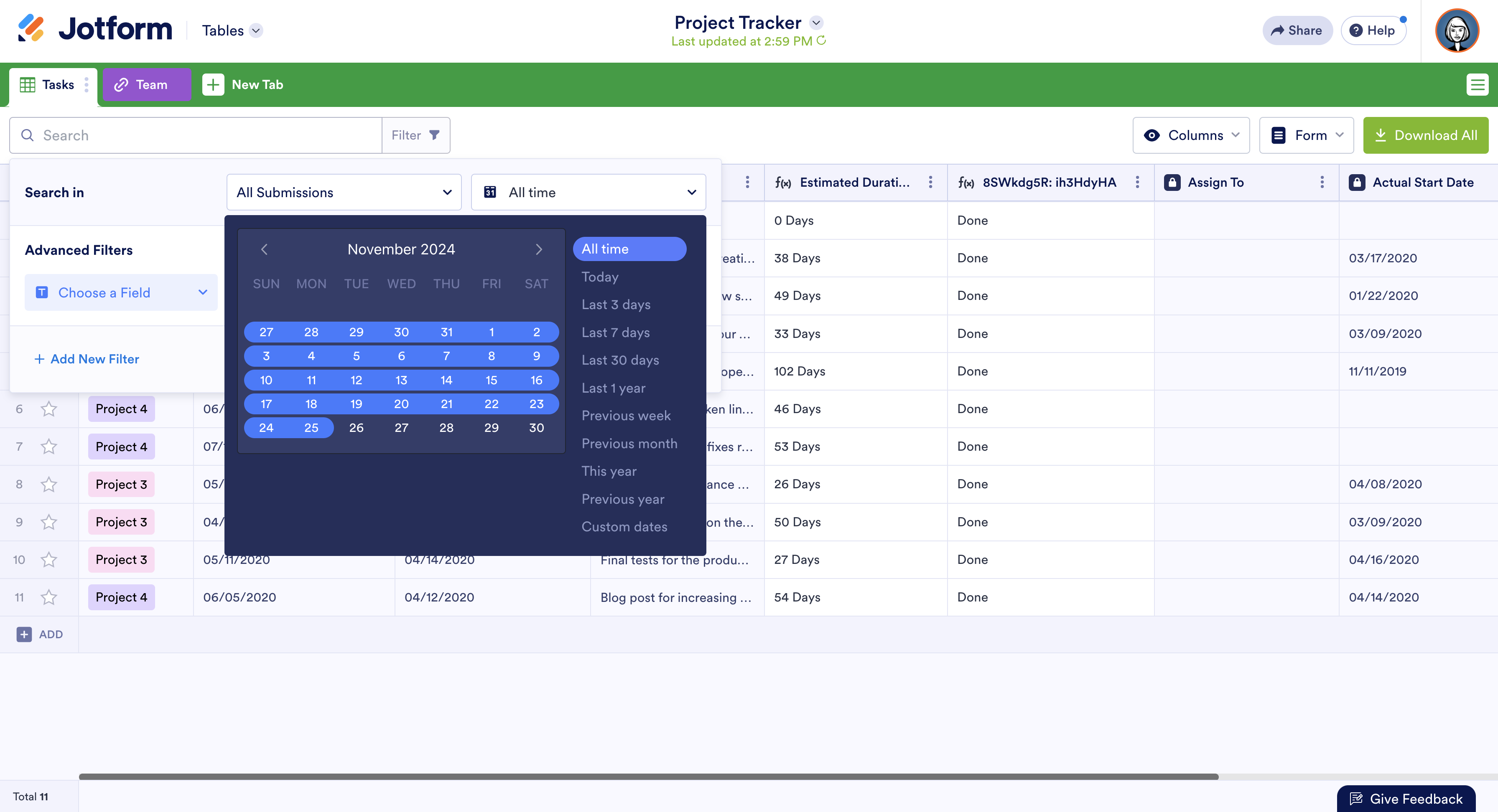 Filtering the Date on the Project Tracker Template in Jotform Tables