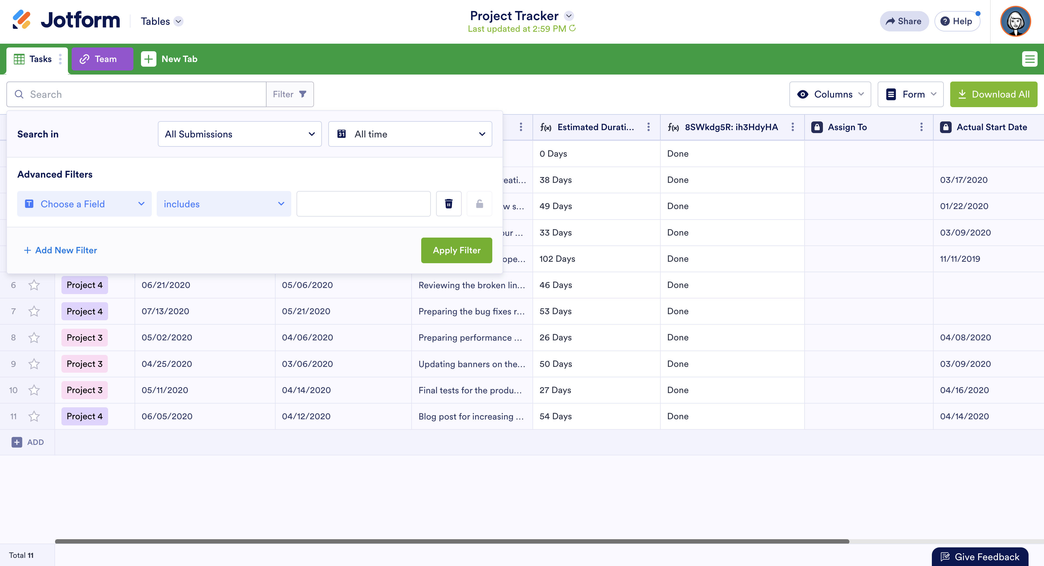 Creating a Filter in Project Tracker Template in Jotform Tables