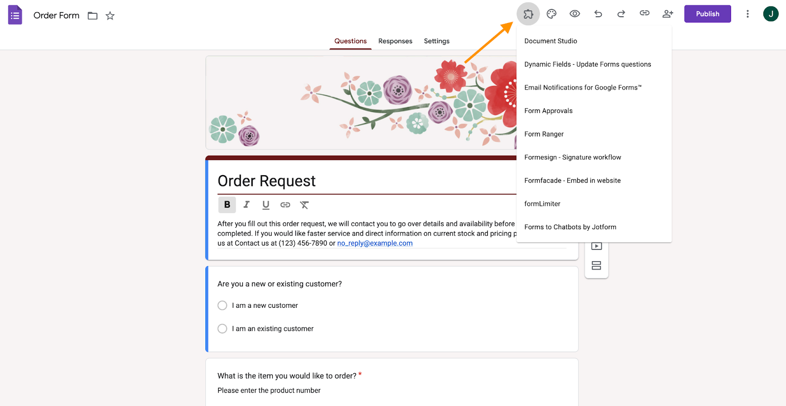 Clicking on the puzzle icon at the top of the page on Google Forms