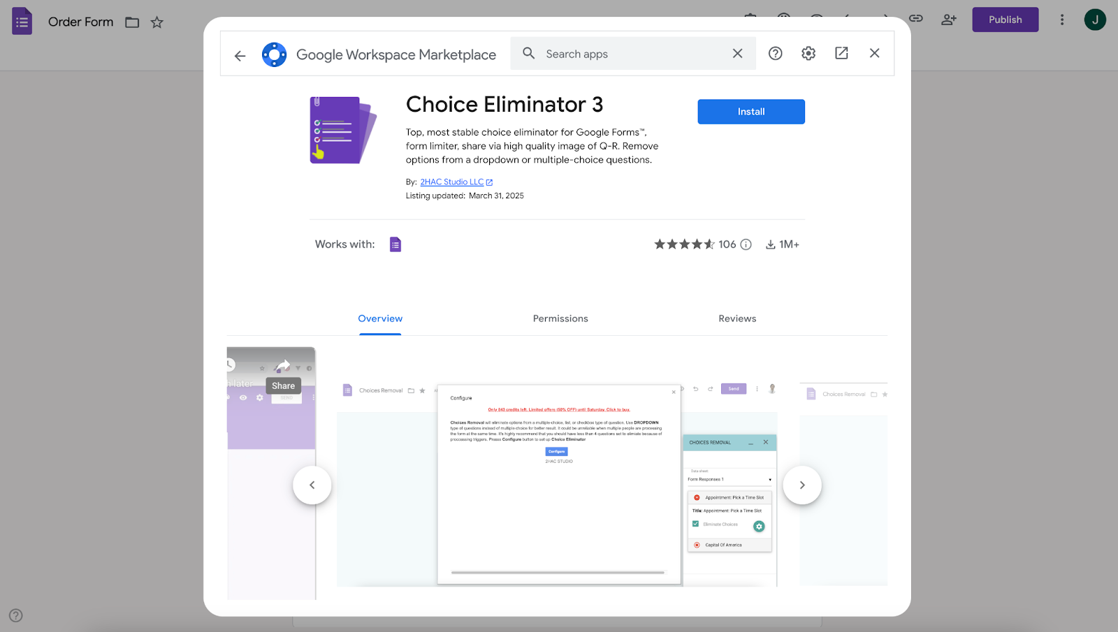 Viewing Choice Eliminator 3 add-on window in Google Workspace Marketplace