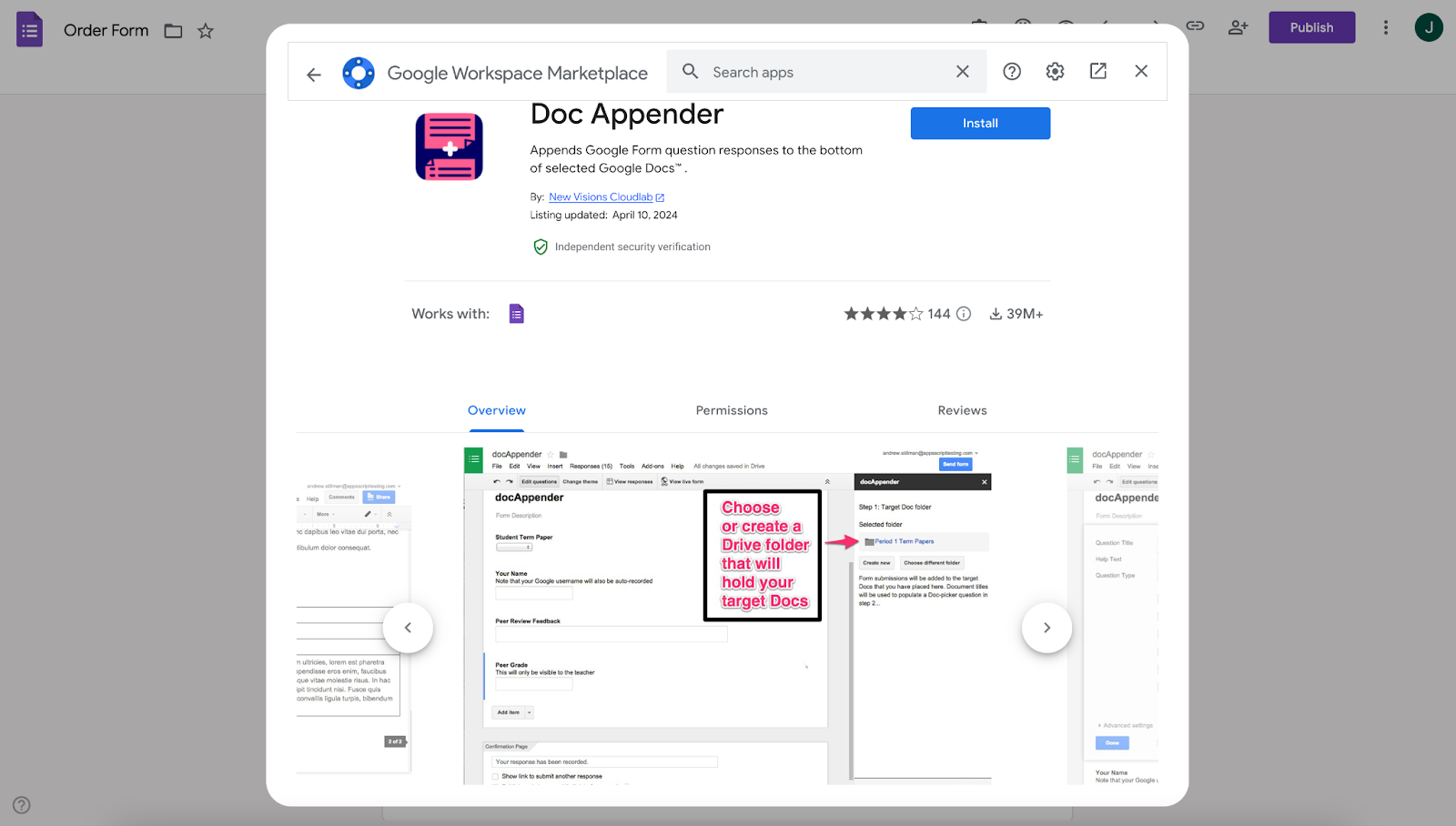 Viewing Doc Appender add-on window on Google Workspace Marketplace