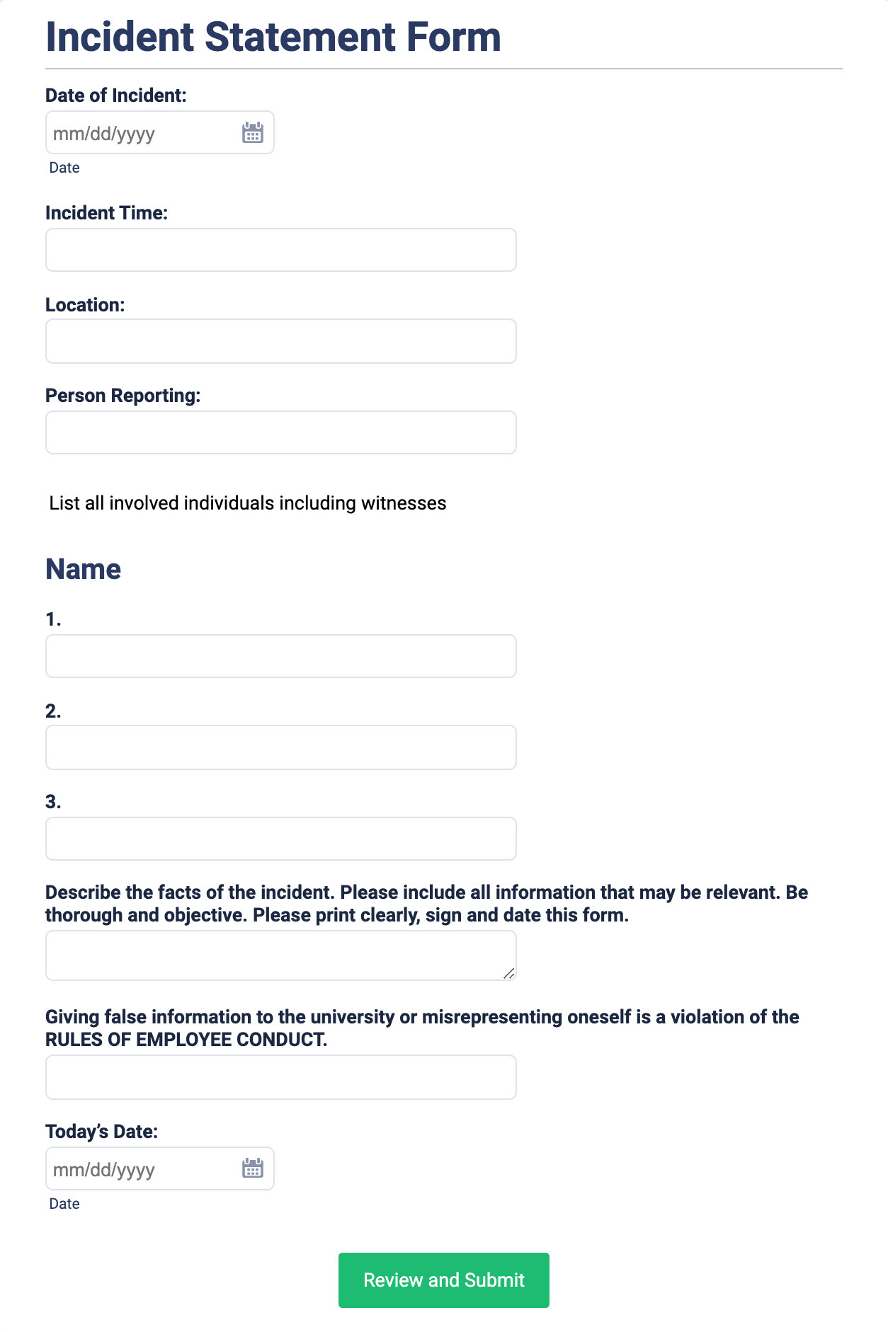 Incident Statement Form Template
