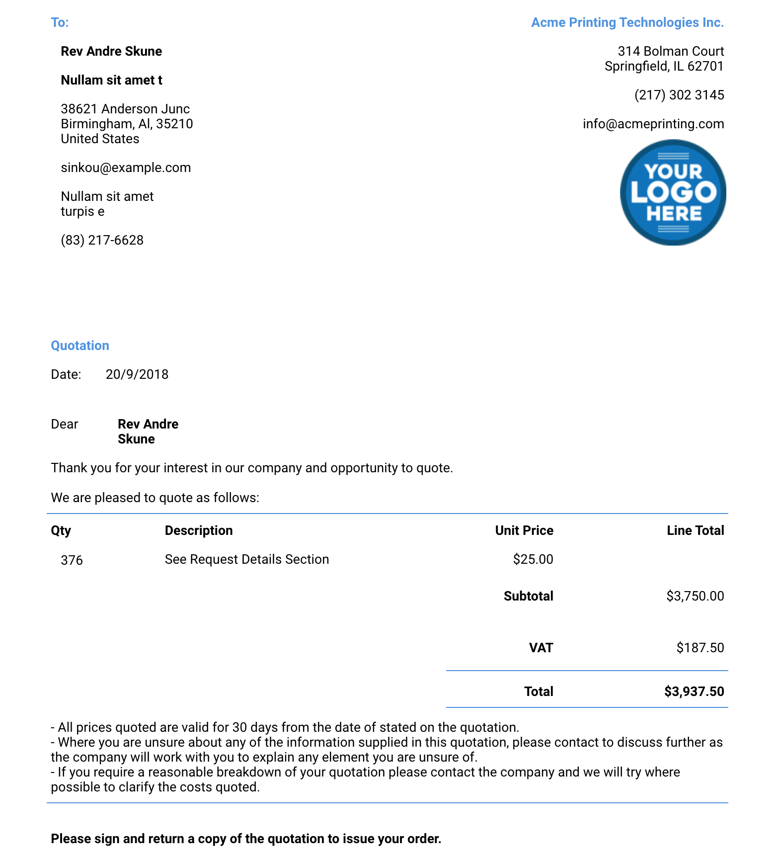 Printing Quotation Template