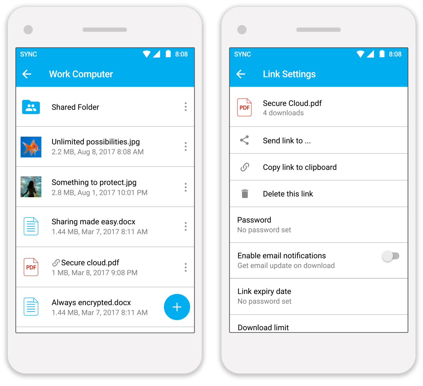 user interface of Sync Mobile App
