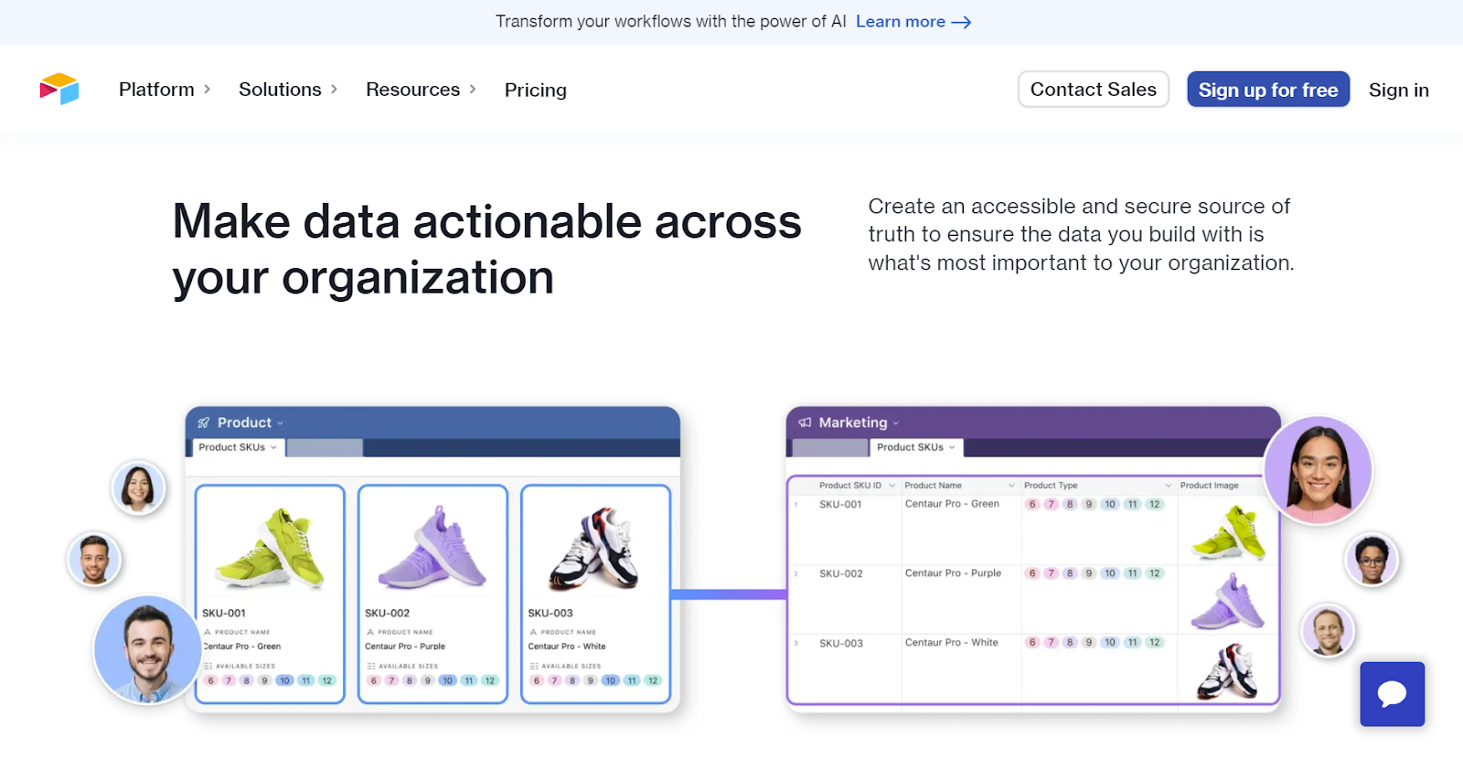 Screenshot of Airtable’s landing page, showing how their product database can be optimized for marketing by showing three pairs of shoes