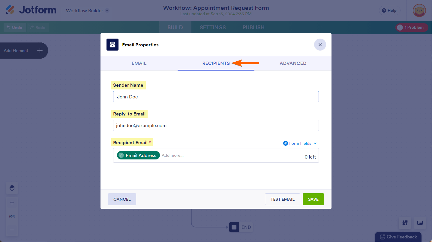 Sender Name, Reply-to Email, and Recipient Email settings on the Recipient tab of the Email element Properties in Jotform Workflows