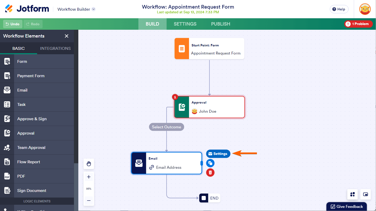 Settings button of the Email element in the Jotform Workflows