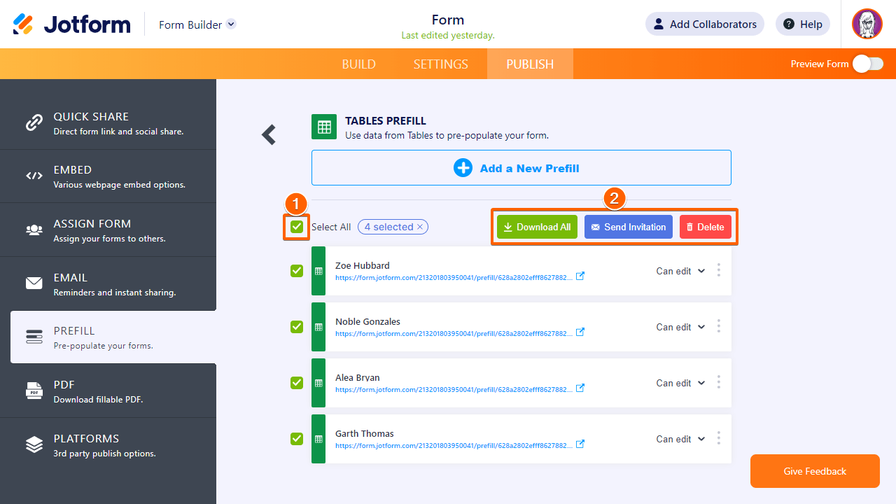 The download, send, and delete buttons in Jotform Form Builder's Tables Prefill