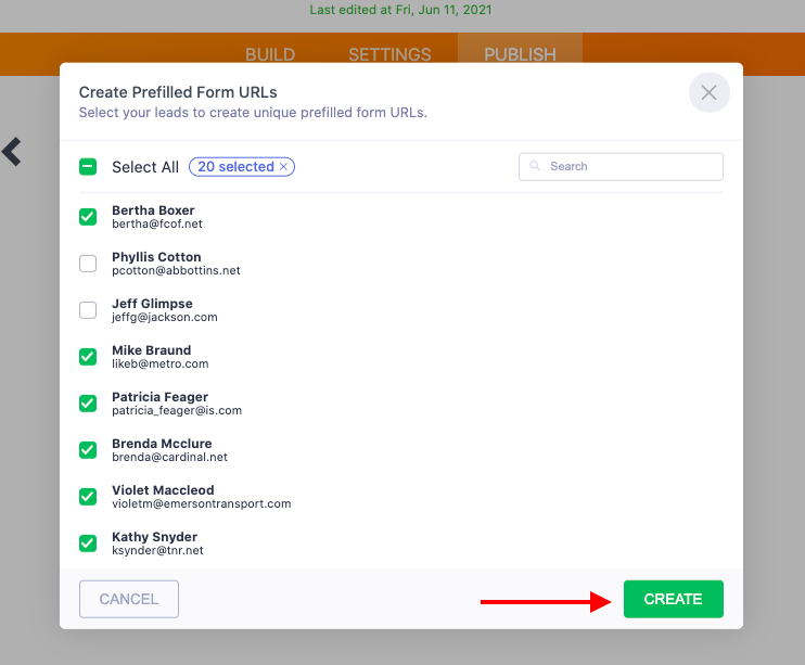 Create Prefilled Form URLs Window Selecting Records