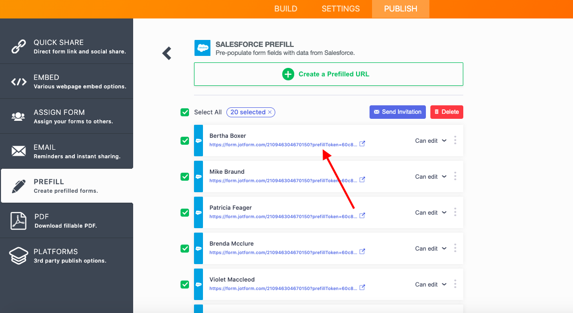 Screenshot of Salesforce Prefill Page Clicking on the Prefilled Form's URL 