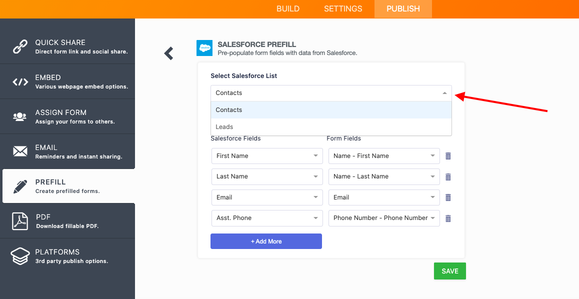 Screenshot of the Salesforce Prefill Page Selecting a Salesforce List