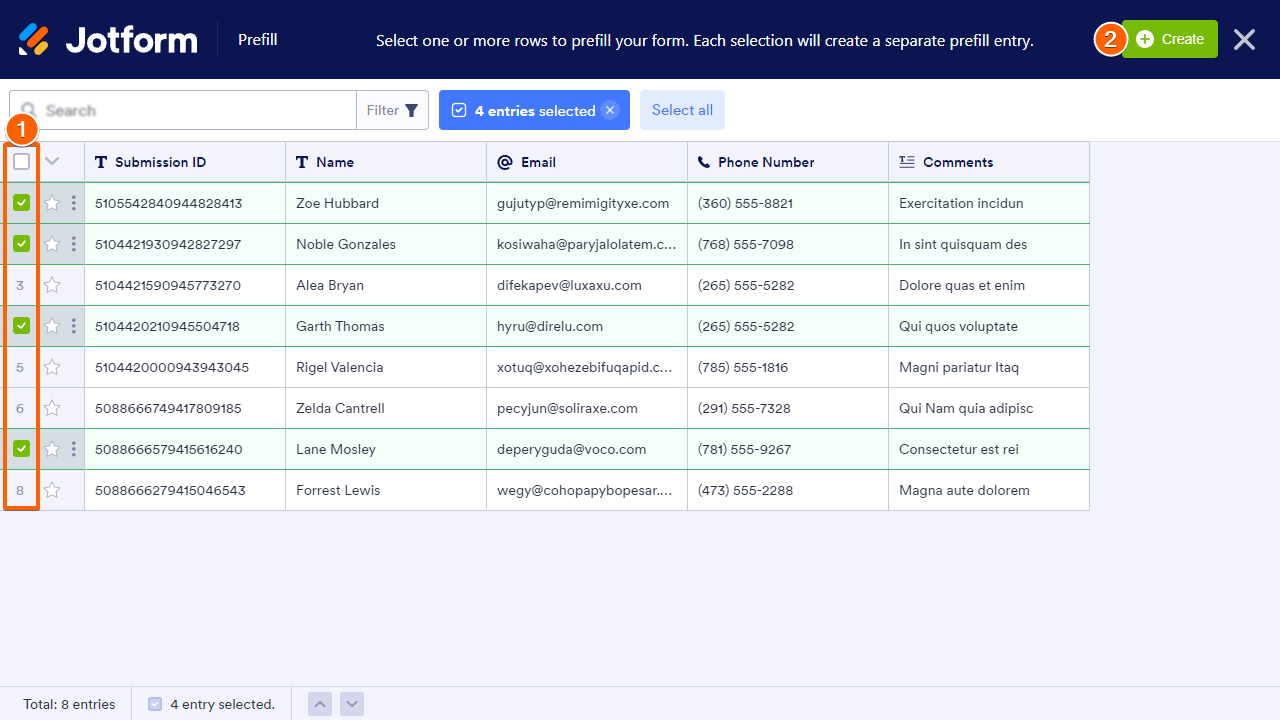 The data selection in Jotform Form Builder's Tables Prefill configuration page