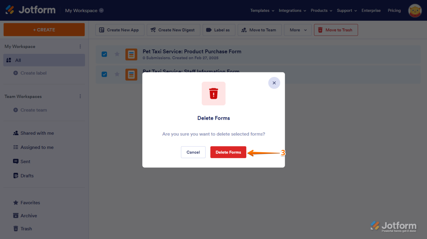 Botón Eliminar formularios en la ventana de confirmación de eliminación de formularios en la página de Mi Espacio de Trabajo de Jotform