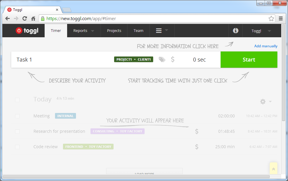 User Interface of Toggl