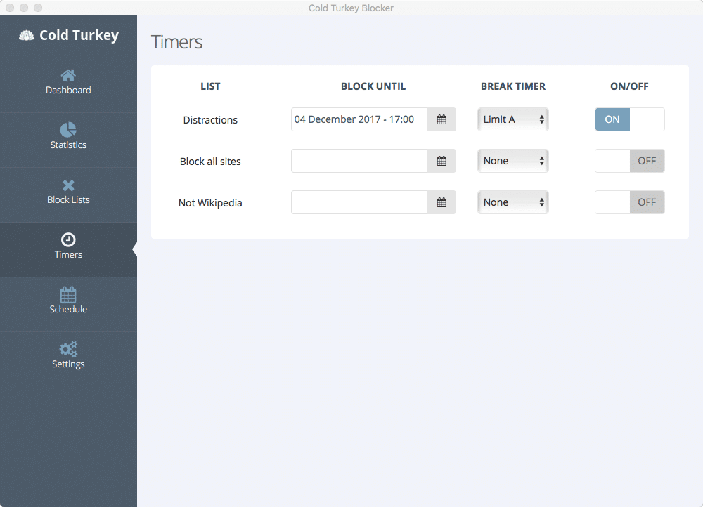 User Interface of Cold Turkey