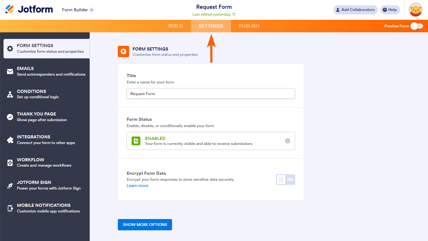 The Settings tab in Jotform Form Builder