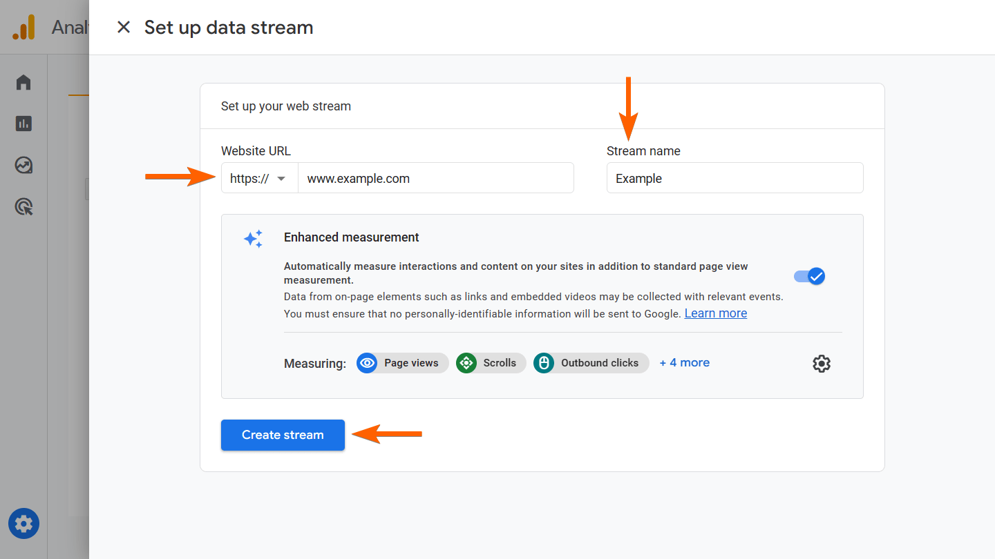 Arrows pointing to Website URL, Stream Name, and Create stream in Google Analytics' Set up data stream dialog