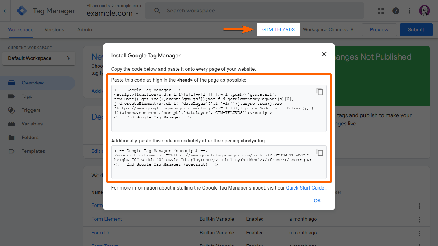 The Install Google Tag Manager dialog