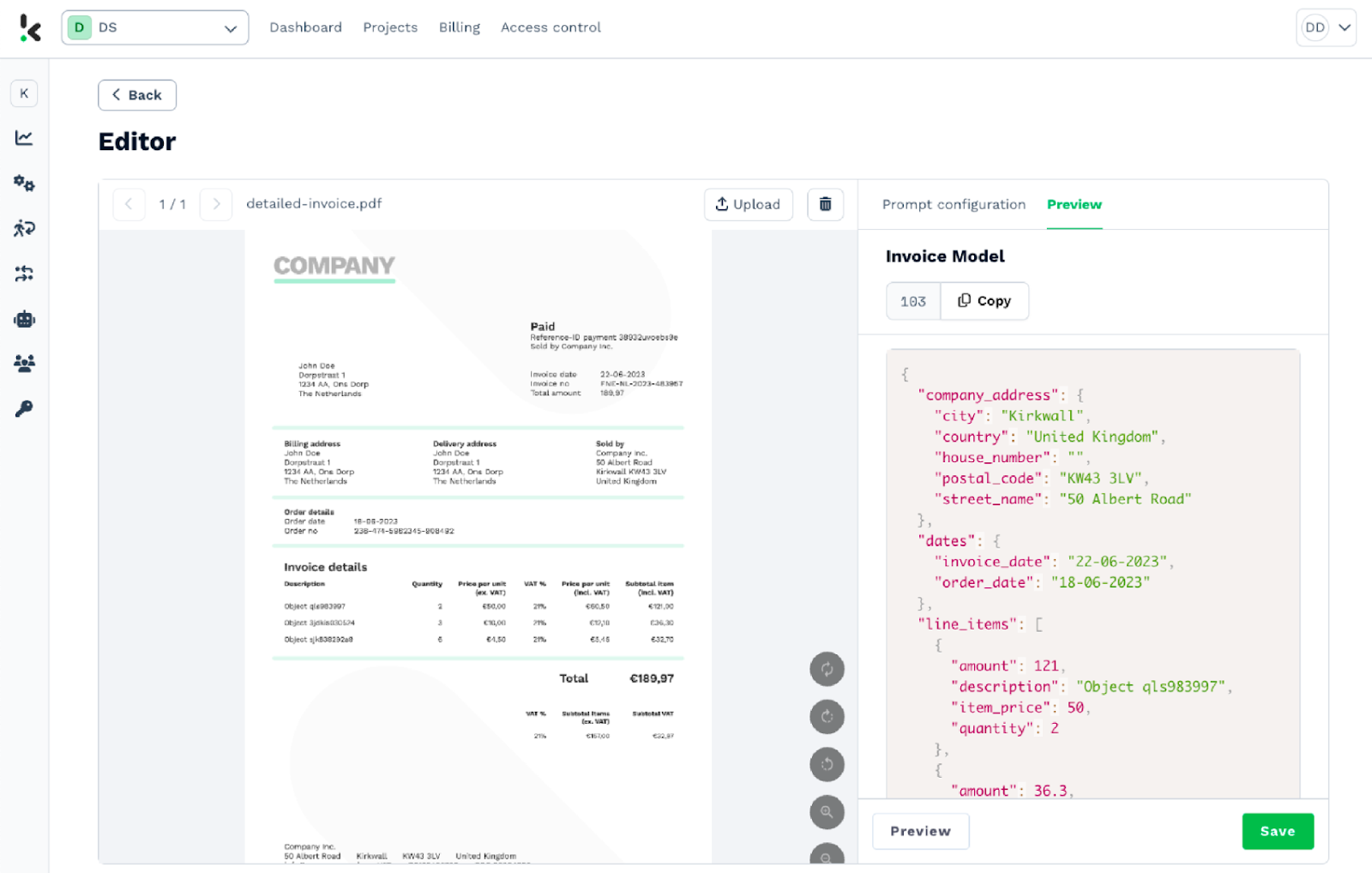 klippa user interface showing both the document and code of the document