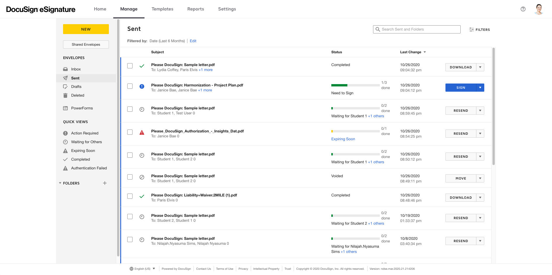 docusign product interface showing signed or other documents