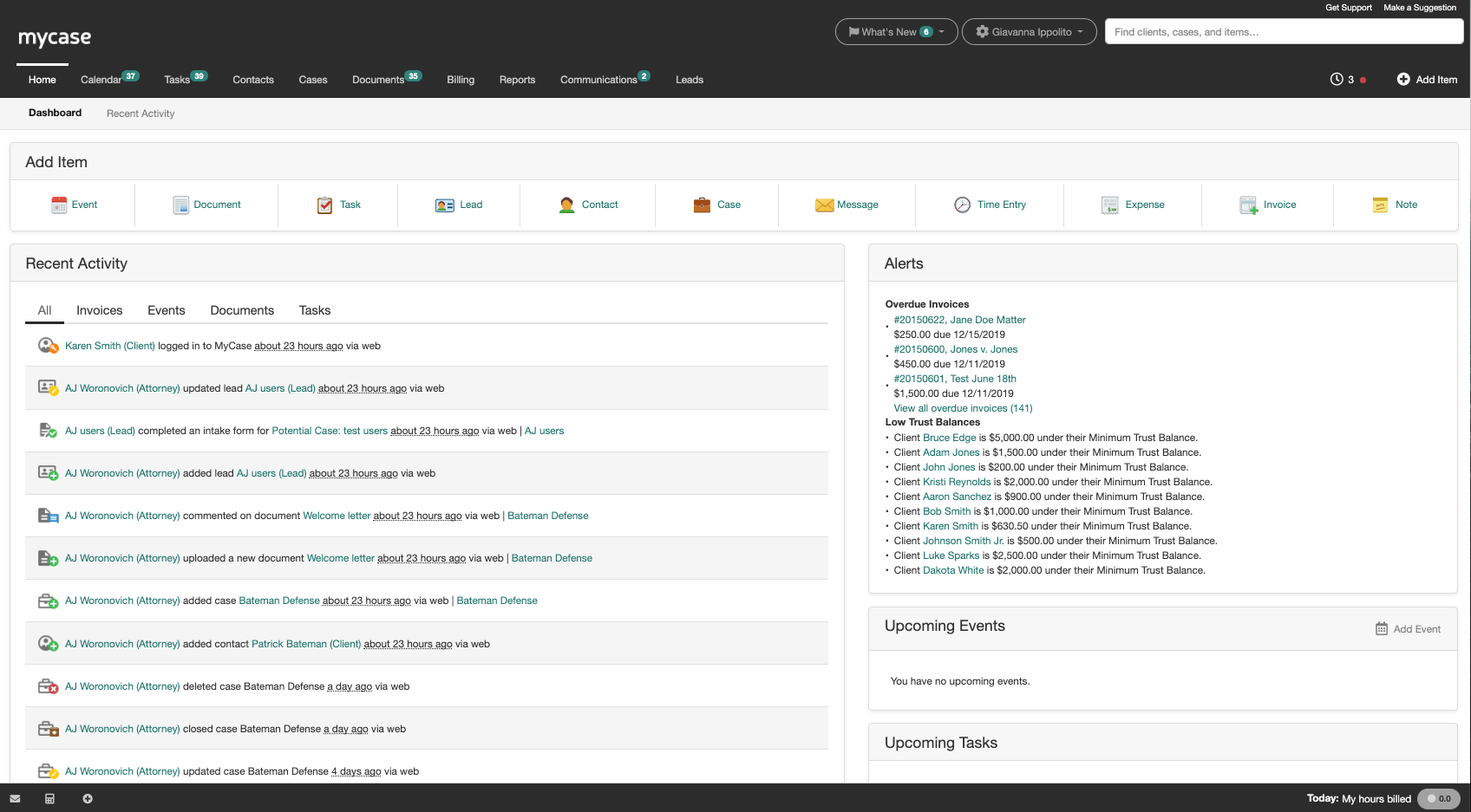 my case product dashboard showing recent activity, alerts and upcoming events and tasks
