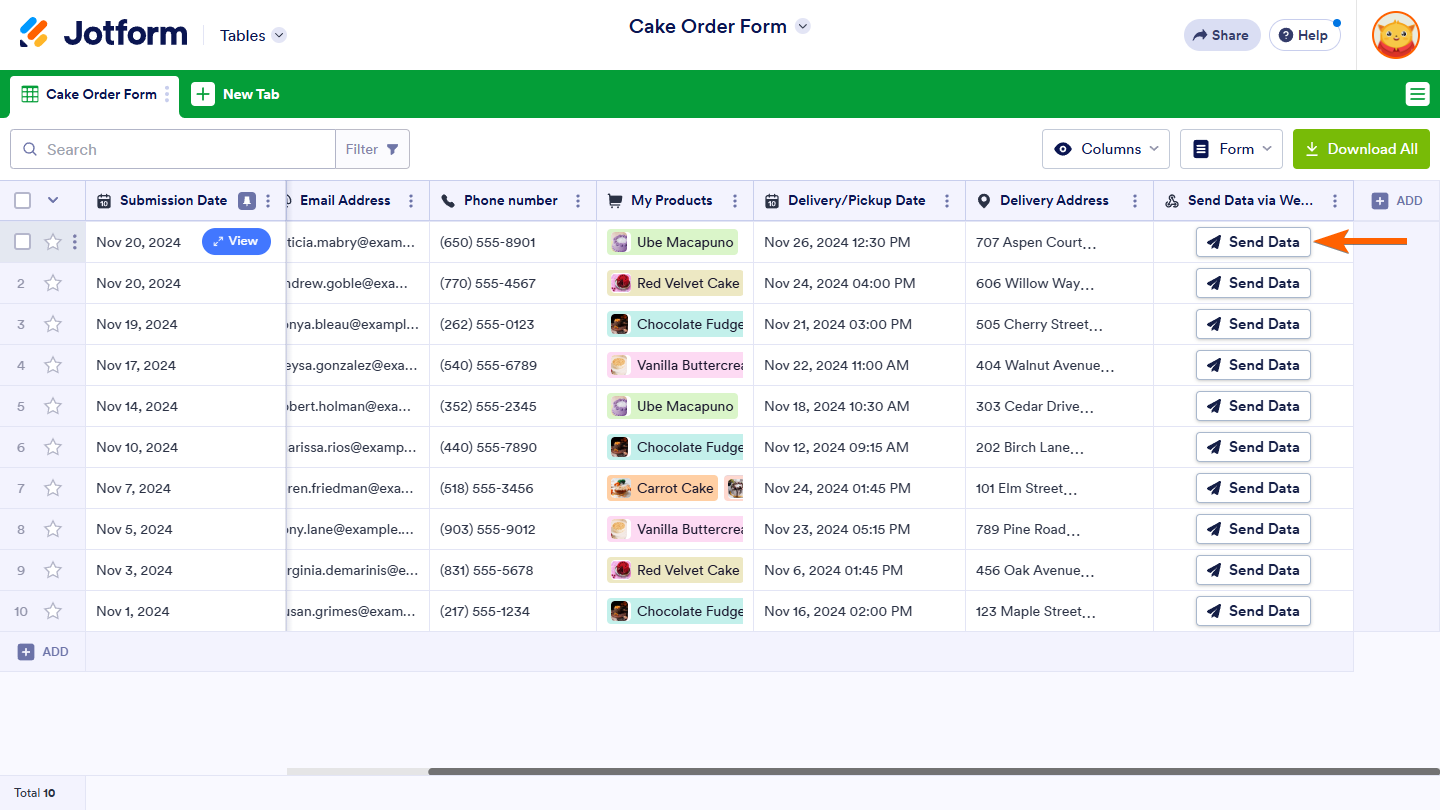Send Data button in Send Data via Webhook column in Jotform Tables