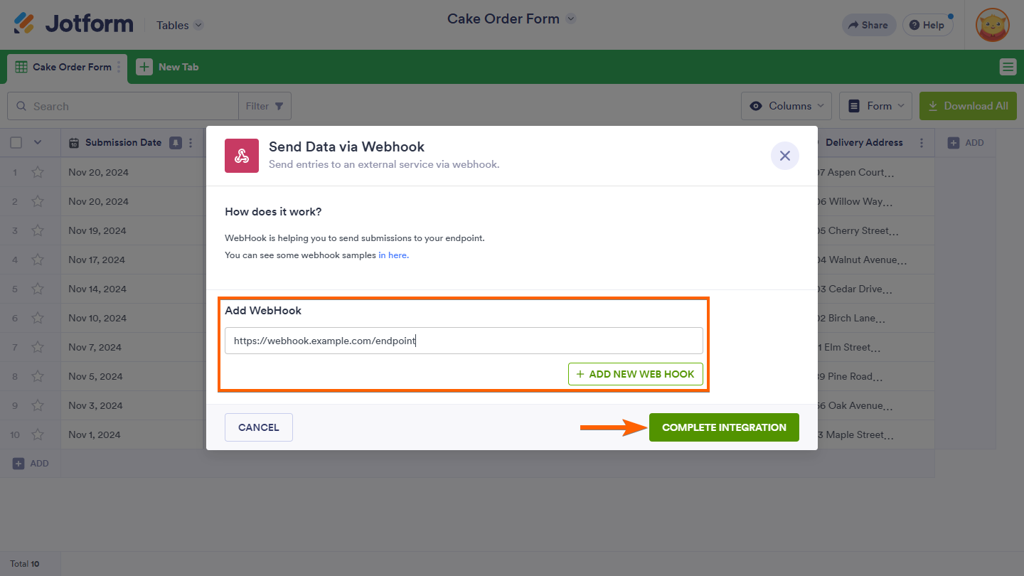 Add WebHook setting Complete Integration button in Send Data via Webhook window of Jotform Tables