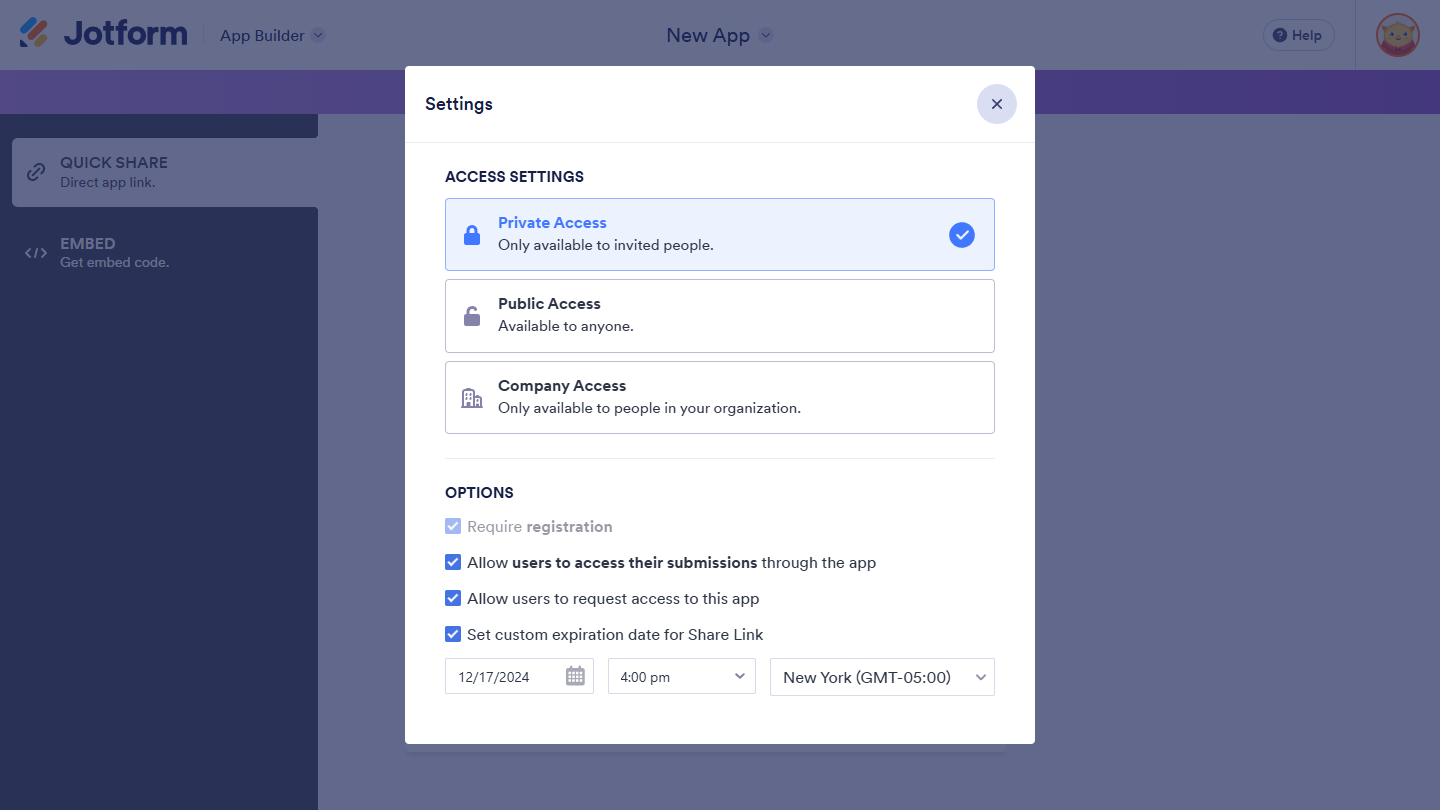 Configuración de Acceso Privado en la Configuración de Publicar del Creador de Aplicaciones de Jotform