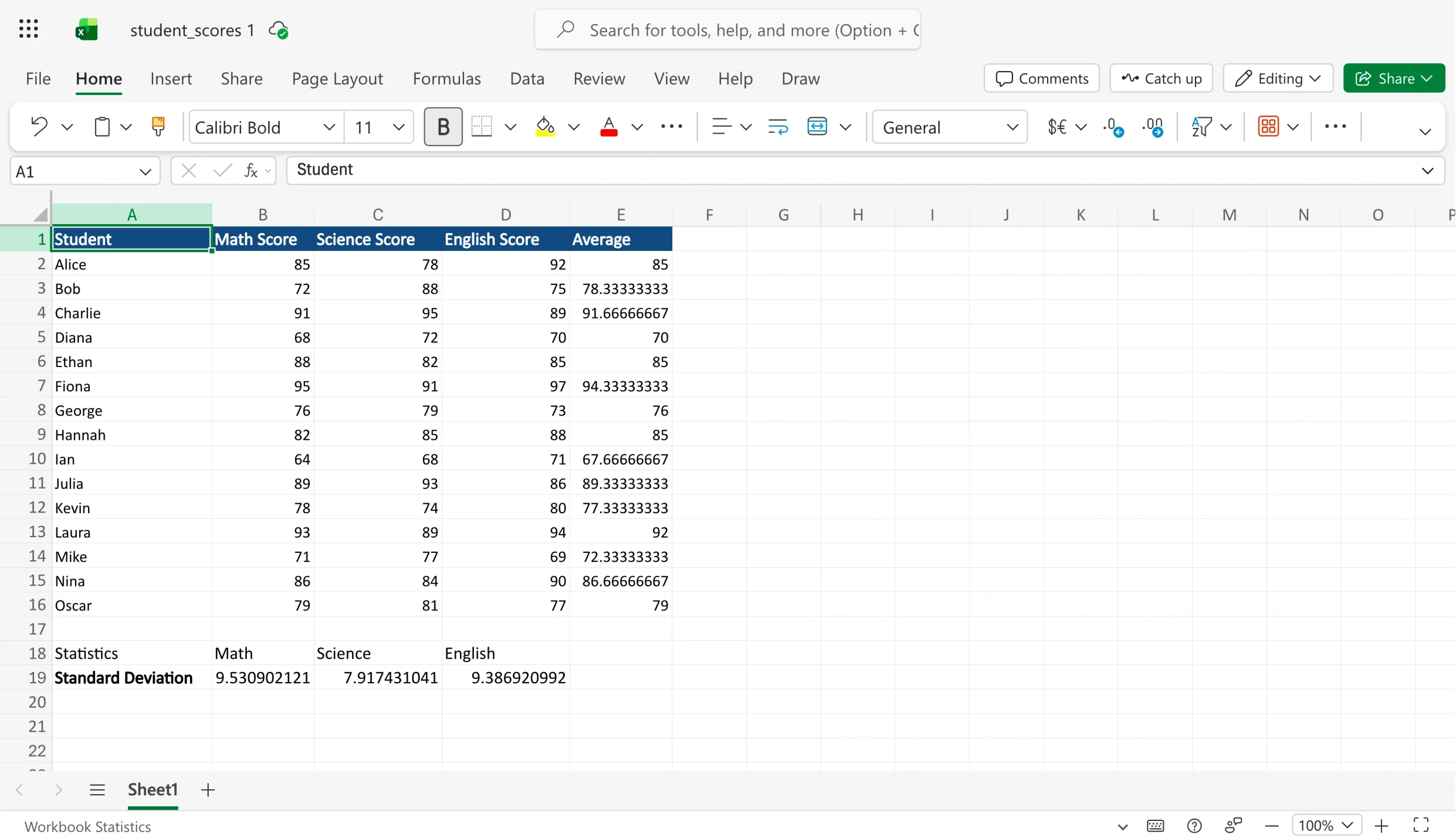 Microsoft Excel spreadsheet showing student data