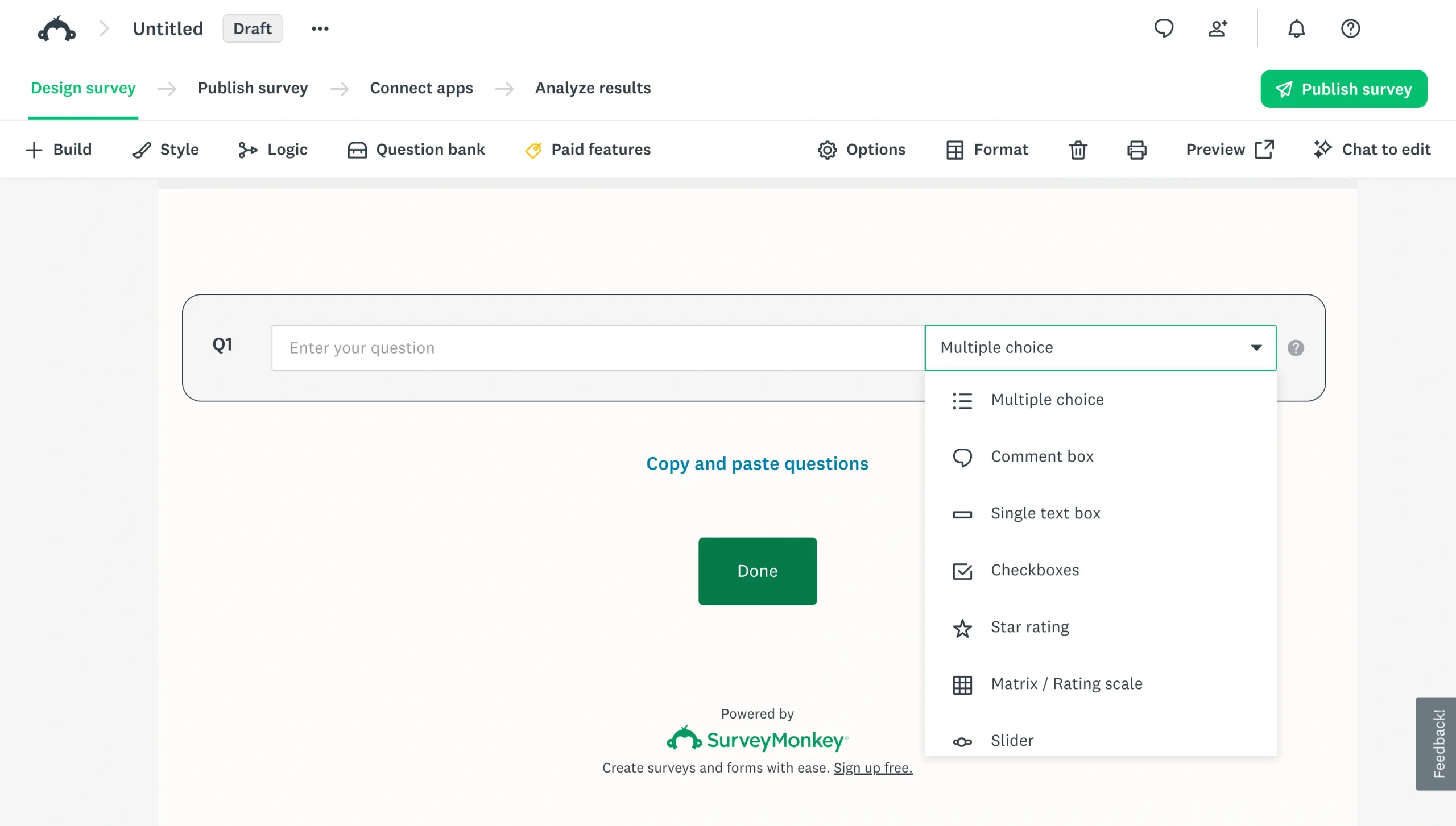 SurveyMonkey survey builder showing question type options in the design interface