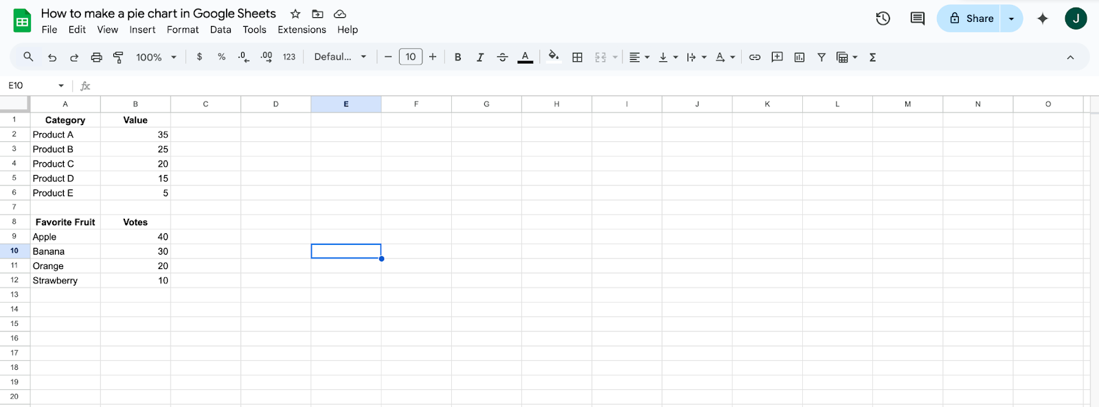 Displaying two columns, one for the categories and one for the values in Google Sheets