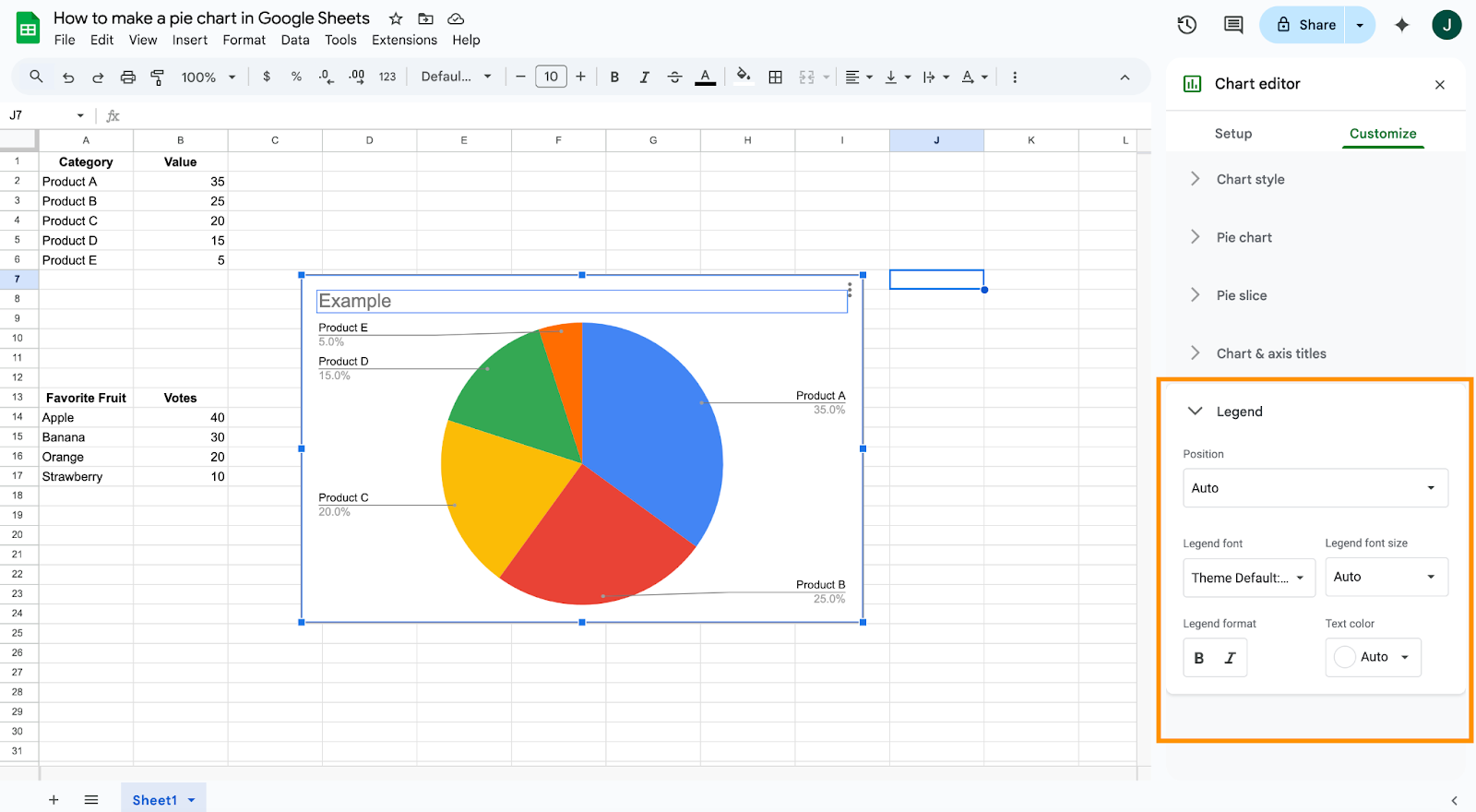 Viewing the Legend tab under the Chart editor on Google Sheets