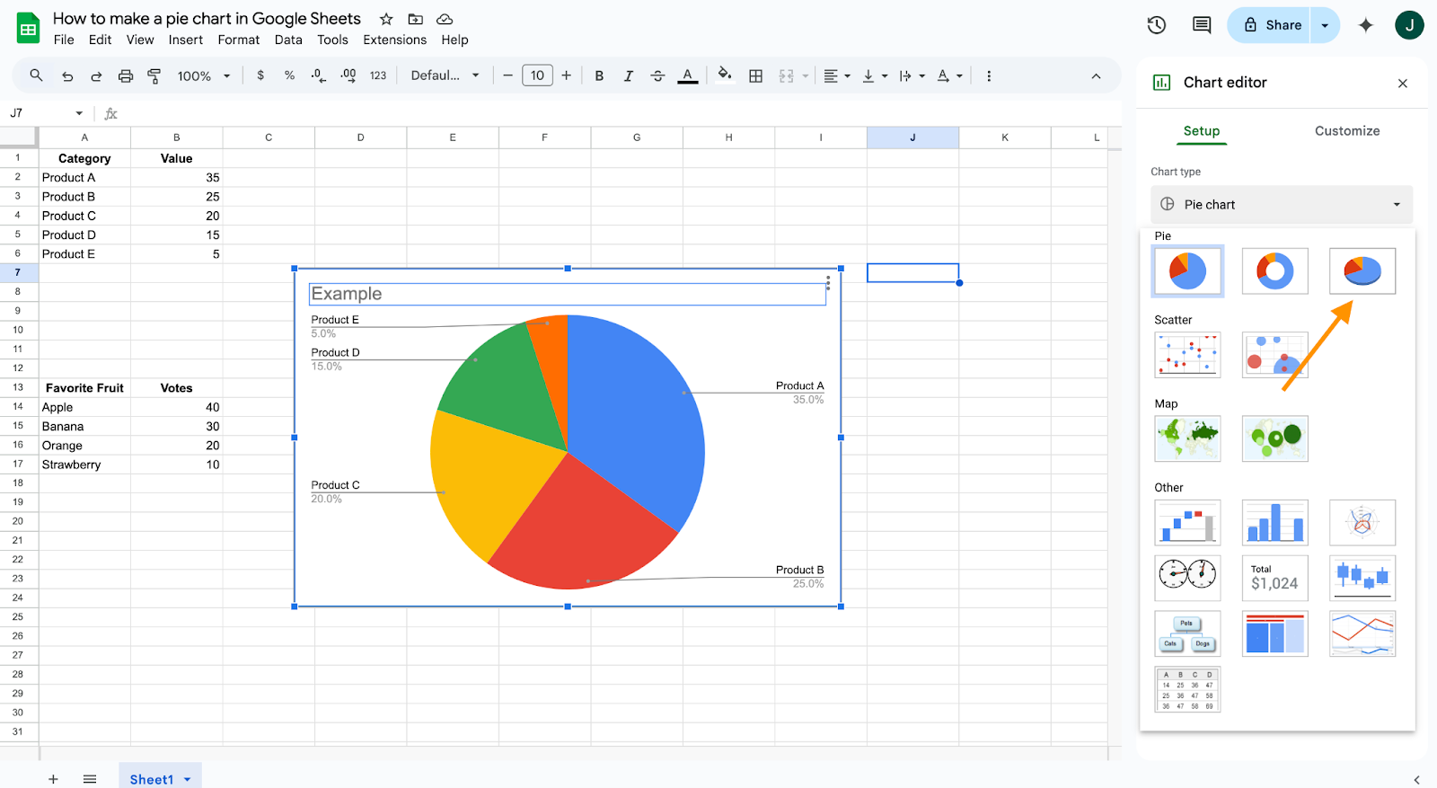 Choosing 3D Pie chart from the chart type options on Google Sheets