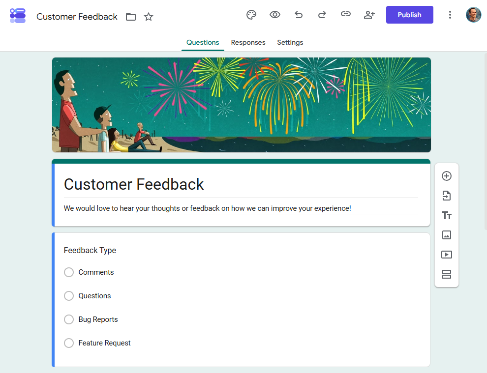 Google Forms interface showing an example Customer Feedback form and a multiple-choice question