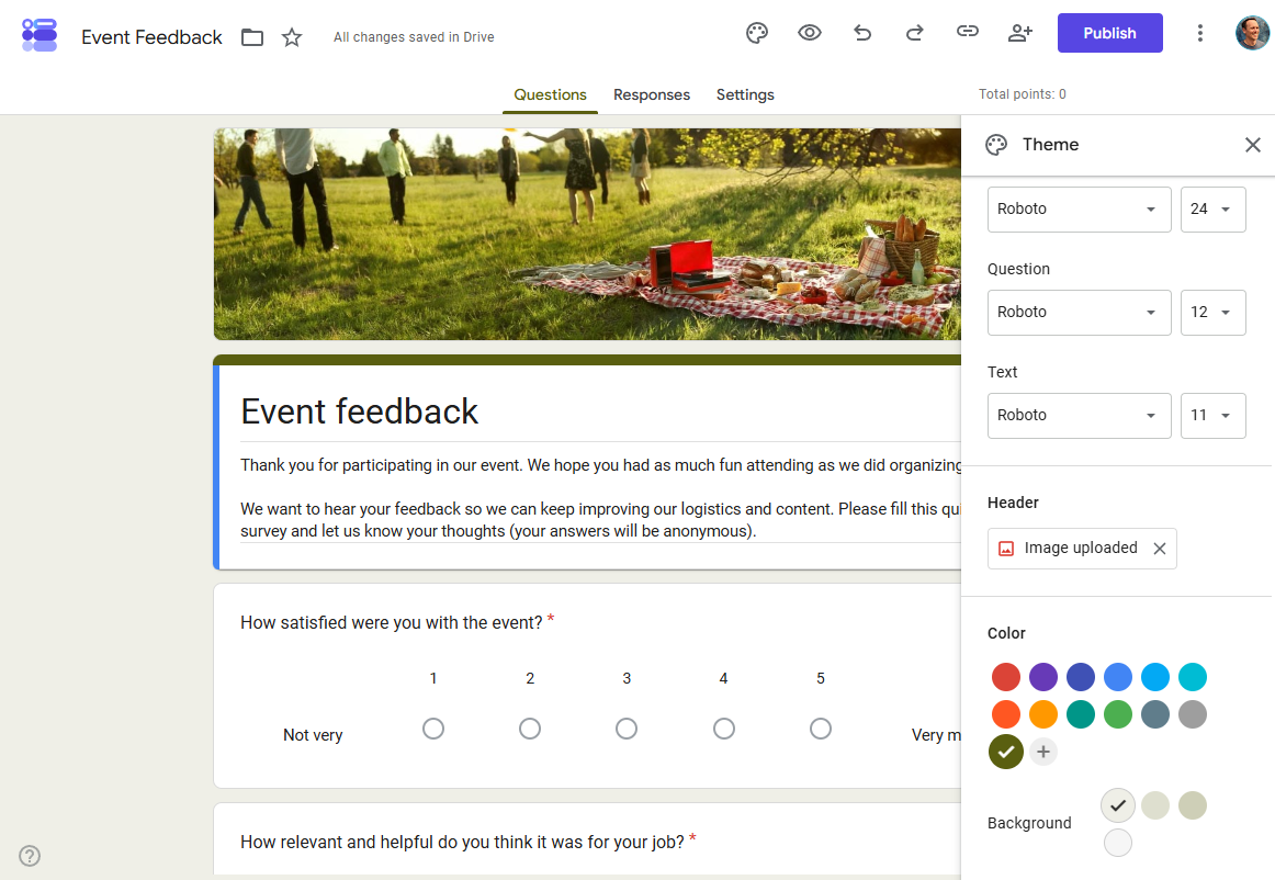 Google Forms interface showing an example Event Feedback form and the Theme options