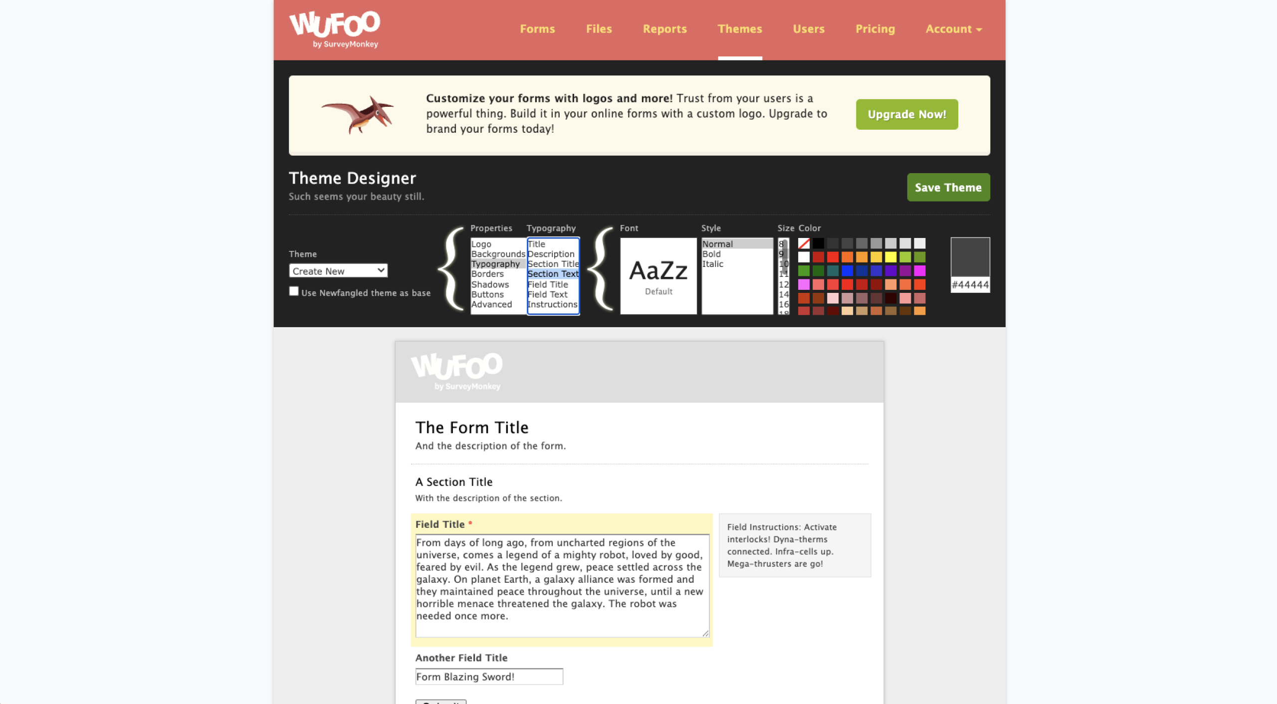 Wufoo interface showing the Theme Designer
